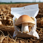 **

A close-up shot showcasing mushroom mycelium packaging protecting delicate items. Focus on the sustainable aspect and the texture of the mycelium. Background shows a field hinting at agricultural waste.

**