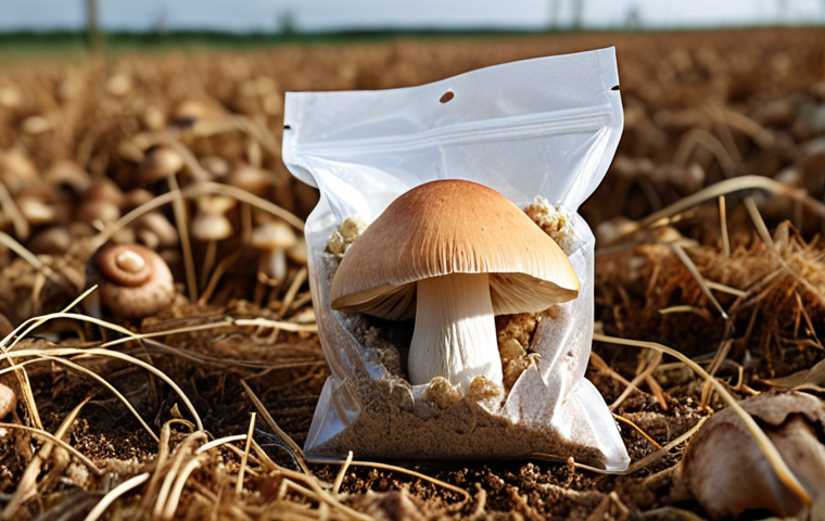 **
A close-up shot showcasing mushroom mycelium packaging protecting delicate items. Focus on the sustainable aspect and the texture of the mycelium. Background shows a field hinting at agricultural waste.
**